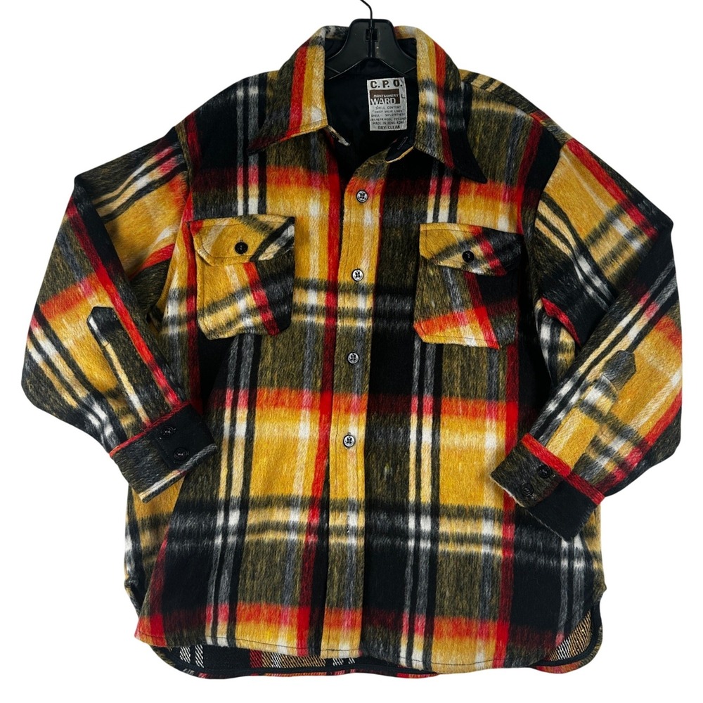 VTG‎ Montgomery Ward C.P.O. Shirt Jacket Mens L Yellow Plaid Wool Blend Shacket